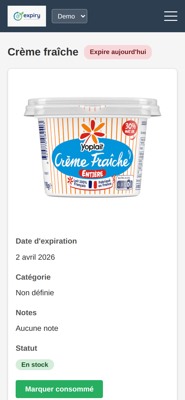 Expiry - détail d'un produit